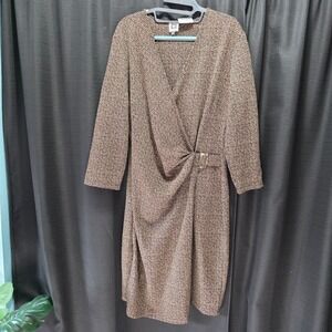 Anne Klein Womens Brown Black Micro Print Faux Wrap Buckle Dress‎ Size 14 Career